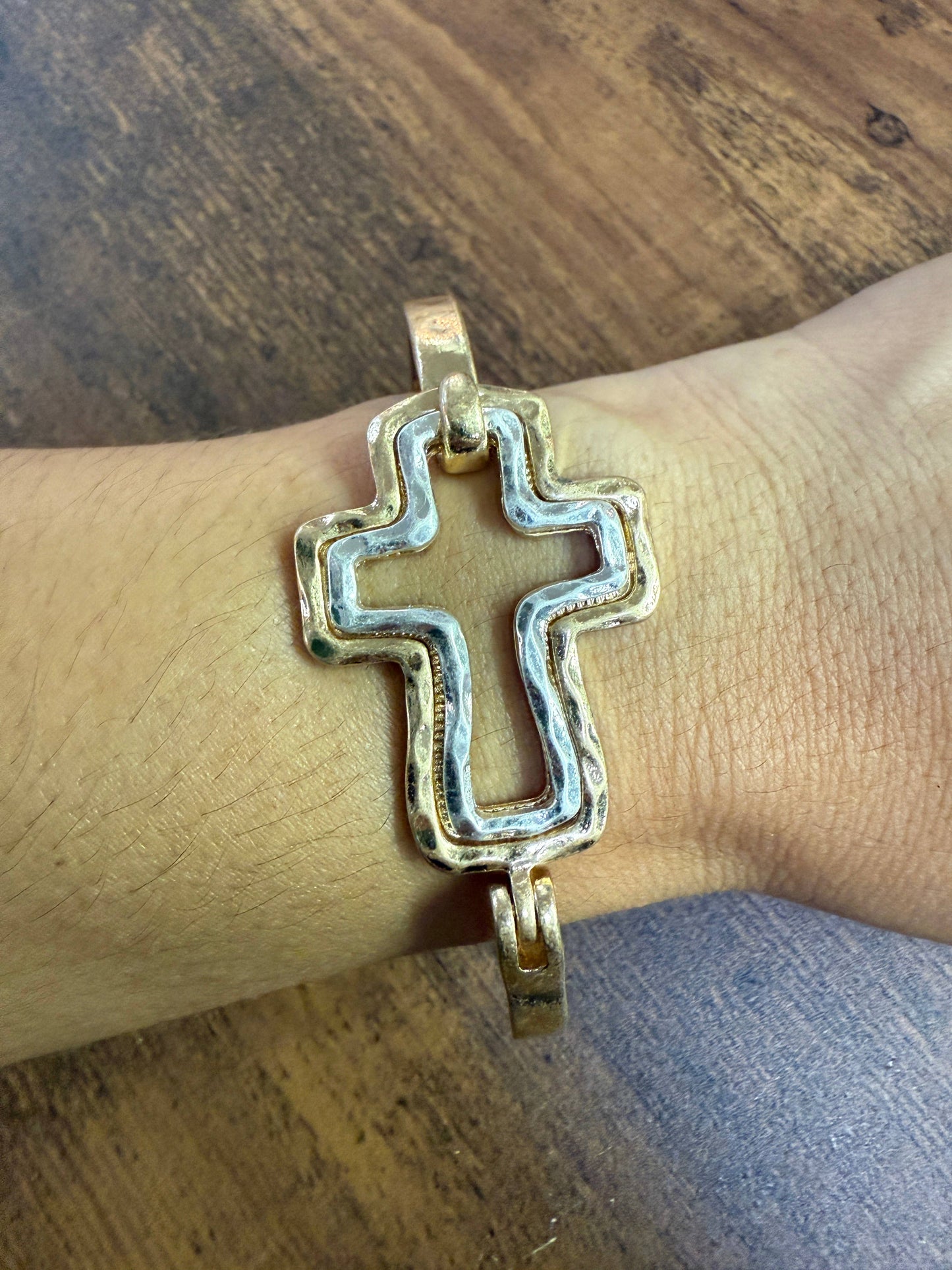 Beautiful Mixed Metal Cross Cuff Bracelet Gold OR Silver