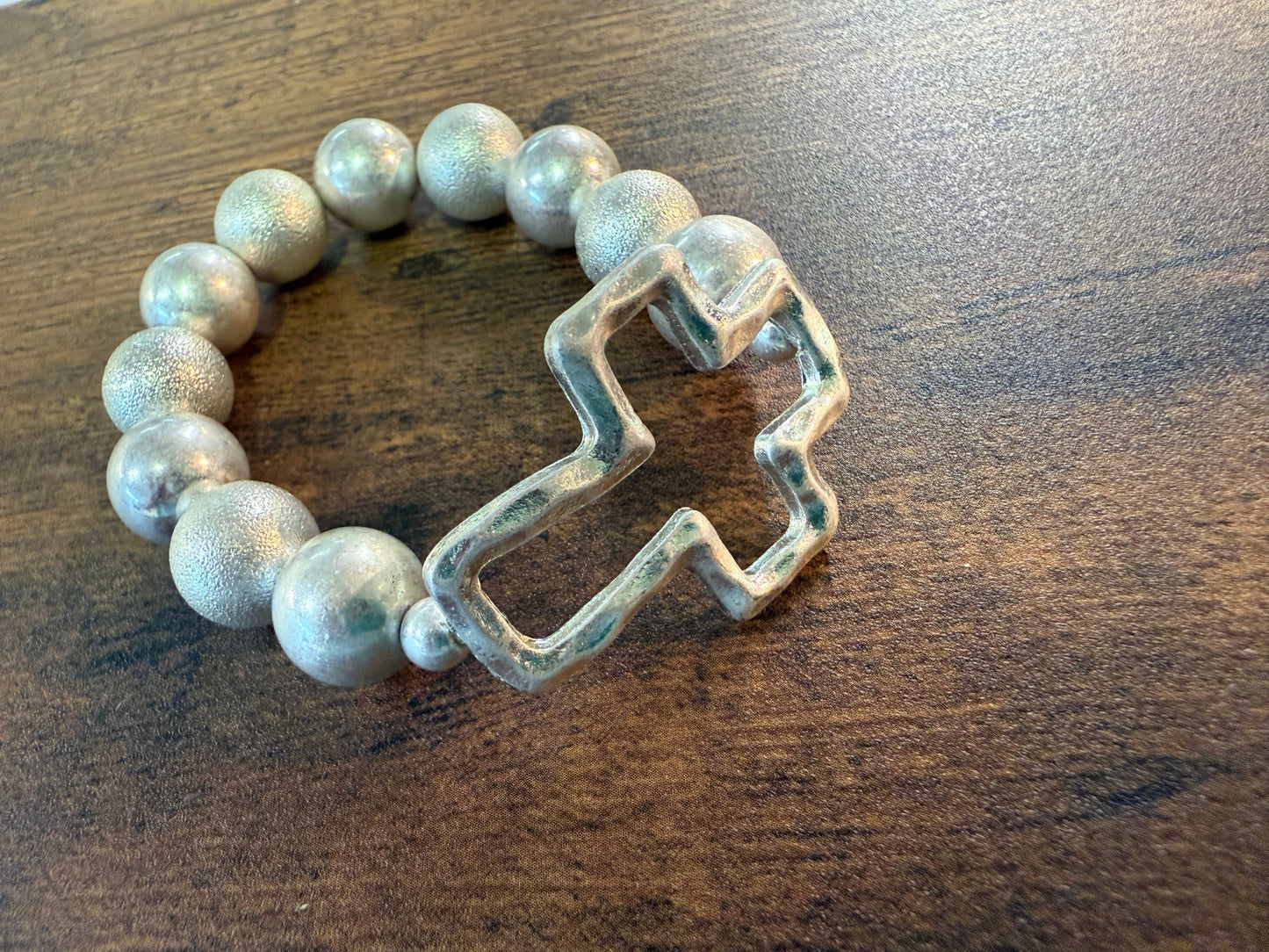 Chunky Cross Beaded Bracelet-  Silver