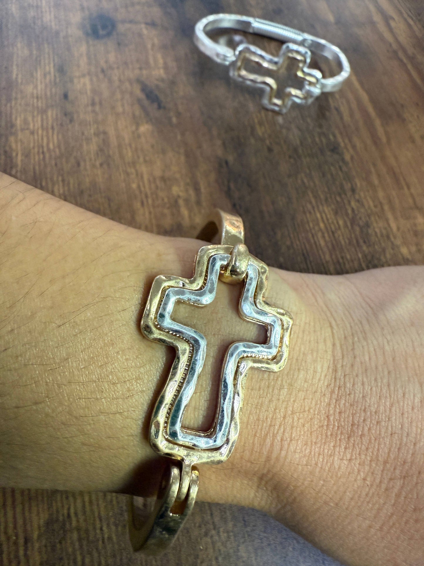 Beautiful Mixed Metal Cross Cuff Bracelet Gold OR Silver